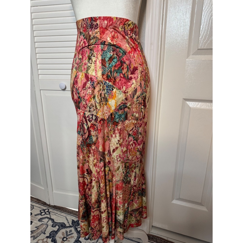Peruvian Connection Patchwork Floral Maxi Skirt Multi Color Boho Side Slit XS